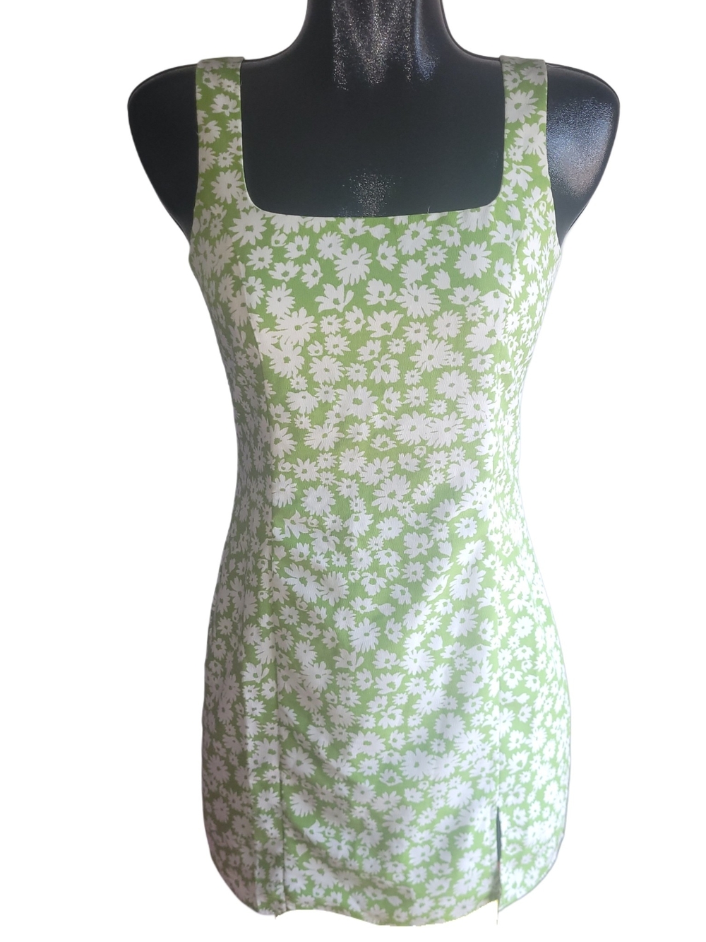 Sage The Label Green and Cream Floral Square-Neck Fitted Mini Dress Size S